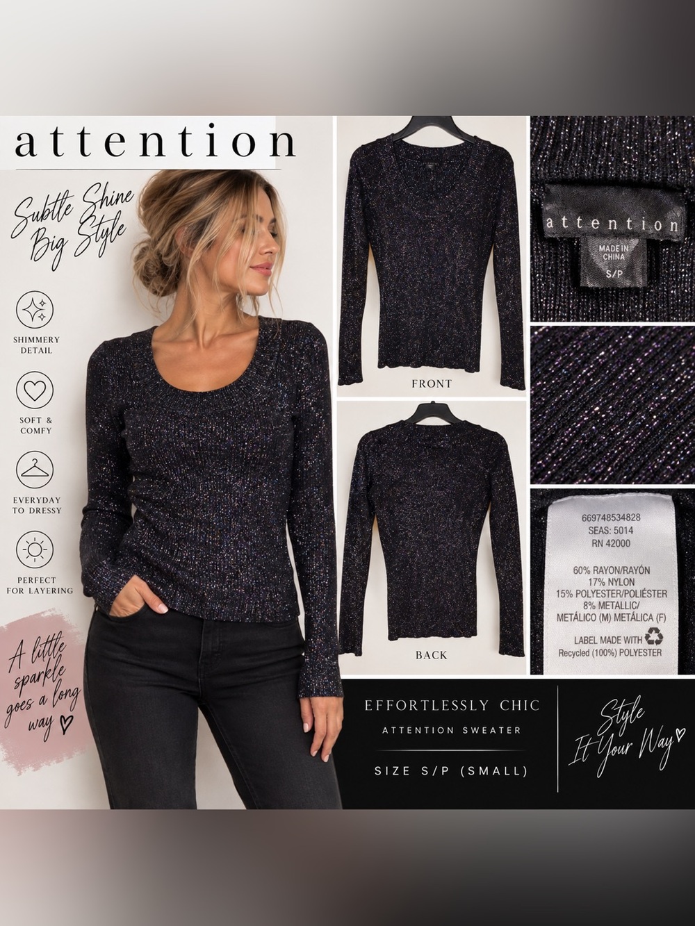 Attention Effortlessly Chic Metallic Scoop Neck Sweater - Black
